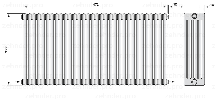 Схема (чертеж) Радиатор Zehnder Charleston 6300/32 №2670 Белый глянцевый RAL 9016